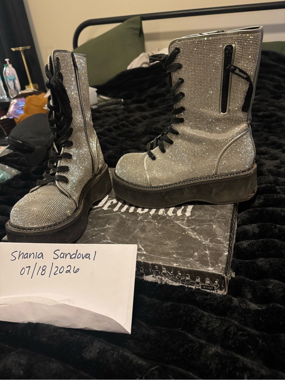 Demonia Silver Glitter Platform Combat Boots